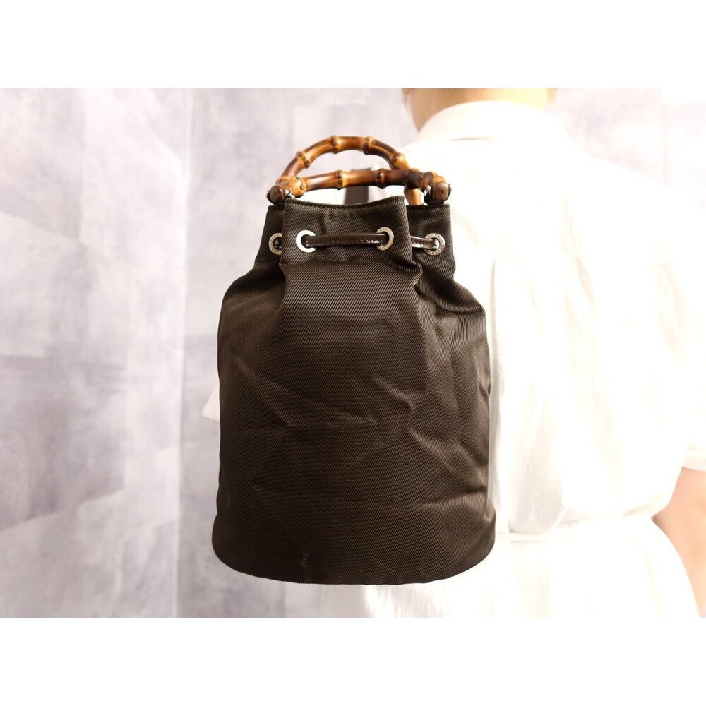 Gucci Bamboo Canvas Enamel Patent Vernis Leather Handbag Brown Silver